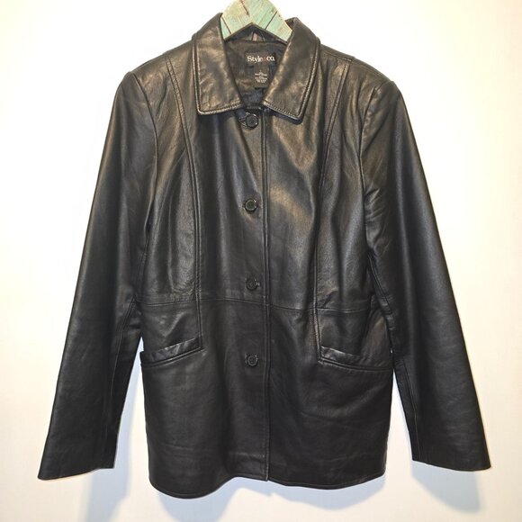 Style & Co. Jackets & Blazers - Vintage 90s Style & Co. Genuine Leather Long Waisted Black Jacket, Sz L